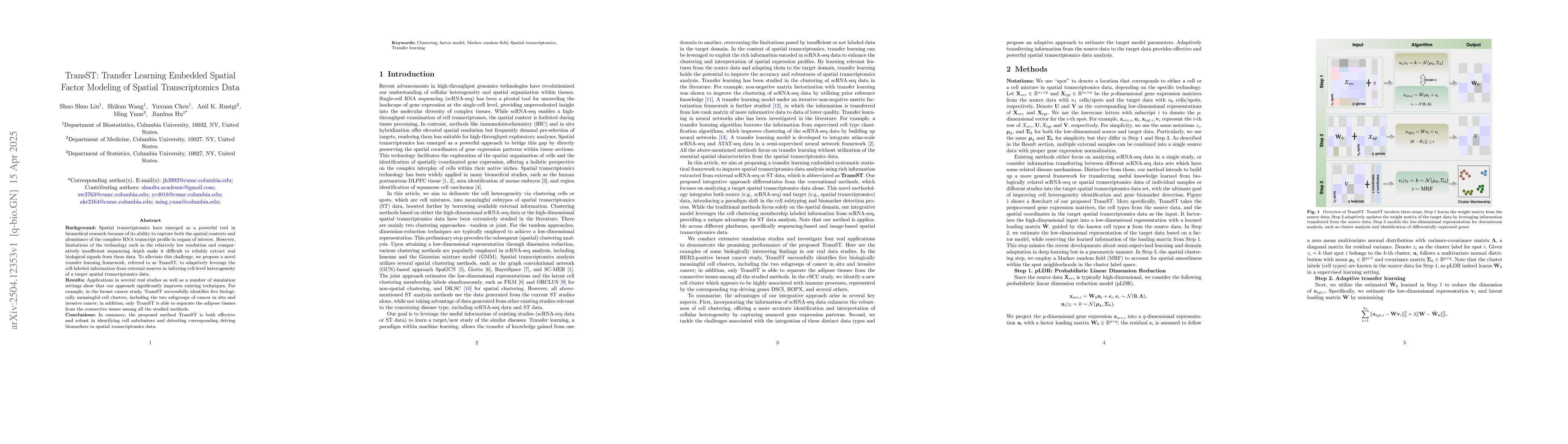 Thumbnail for TransST: Transfer Learning Embedded Spatial Factor Modeling of Spatial
  Transcriptomics Data