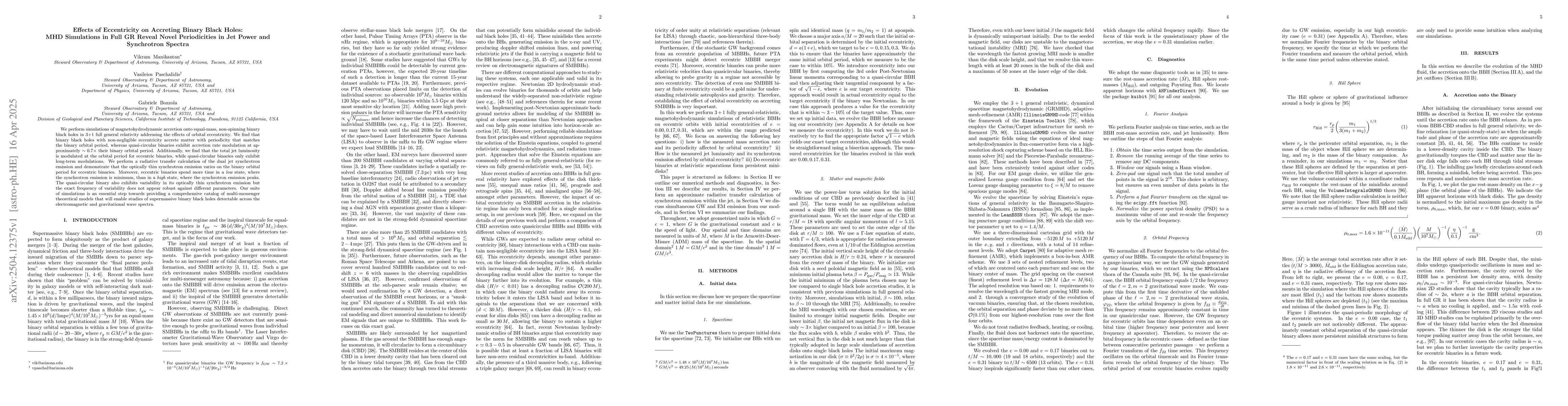 Thumbnail for Effects of Eccentricity on Accreting Binary Black Holes: MHD Simulations
  in Full GR Reveal Novel Periodicities in Jet Power and Synchrotron Spectra