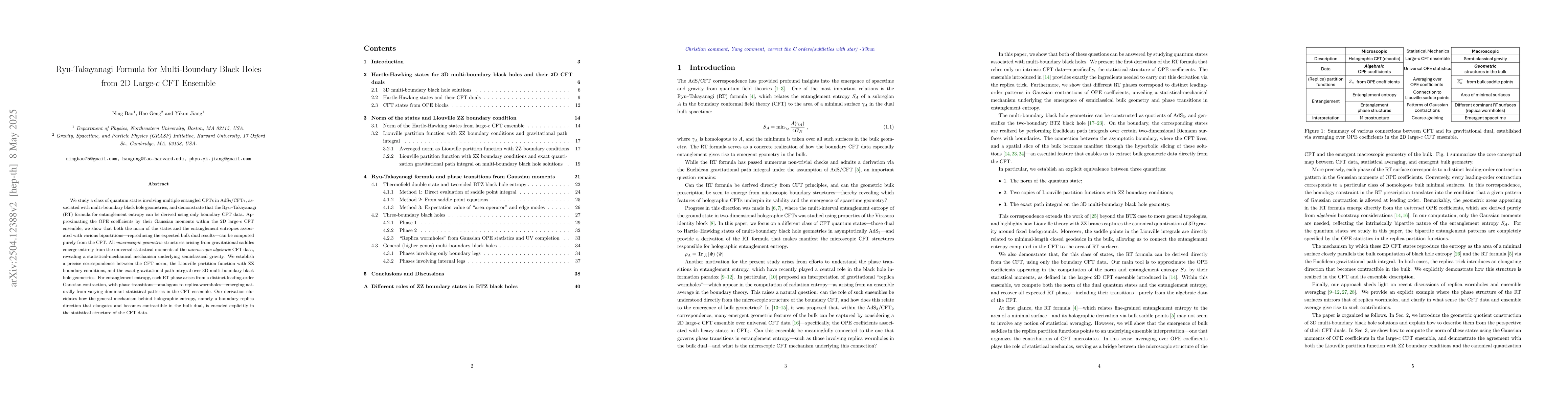 Thumbnail for Ryu-Takayanagi Formula for Multi-Boundary Black Holes from 2D
  Large-\textbf{$c$} CFT Ensemble