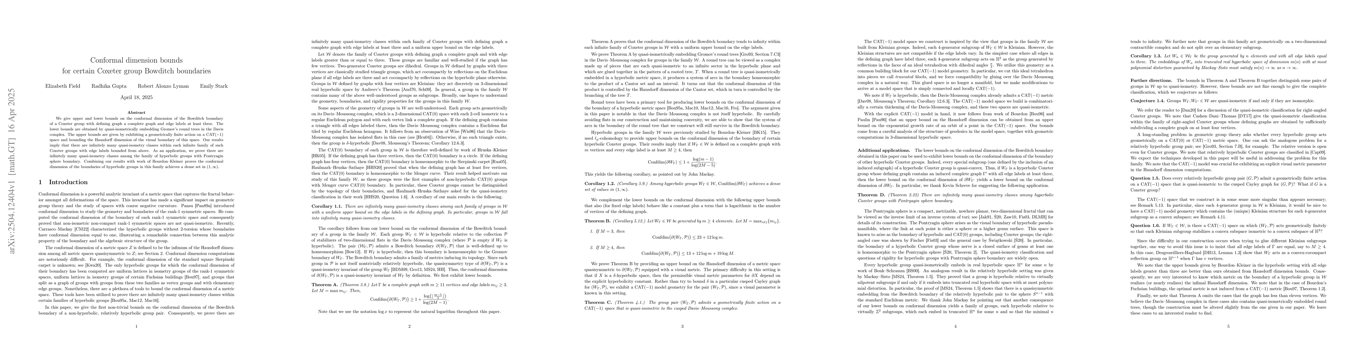 Thumbnail for Conformal dimension bounds for certain Coxeter group Bowditch boundaries