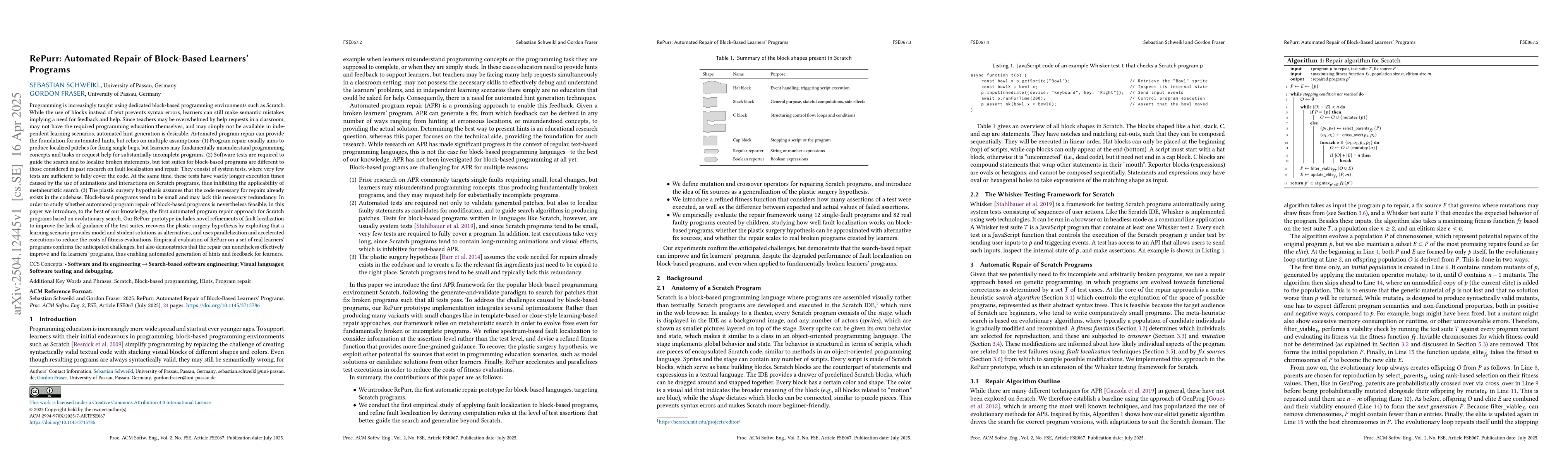 Thumbnail for RePurr: Automated Repair of Block-Based Learners' Programs