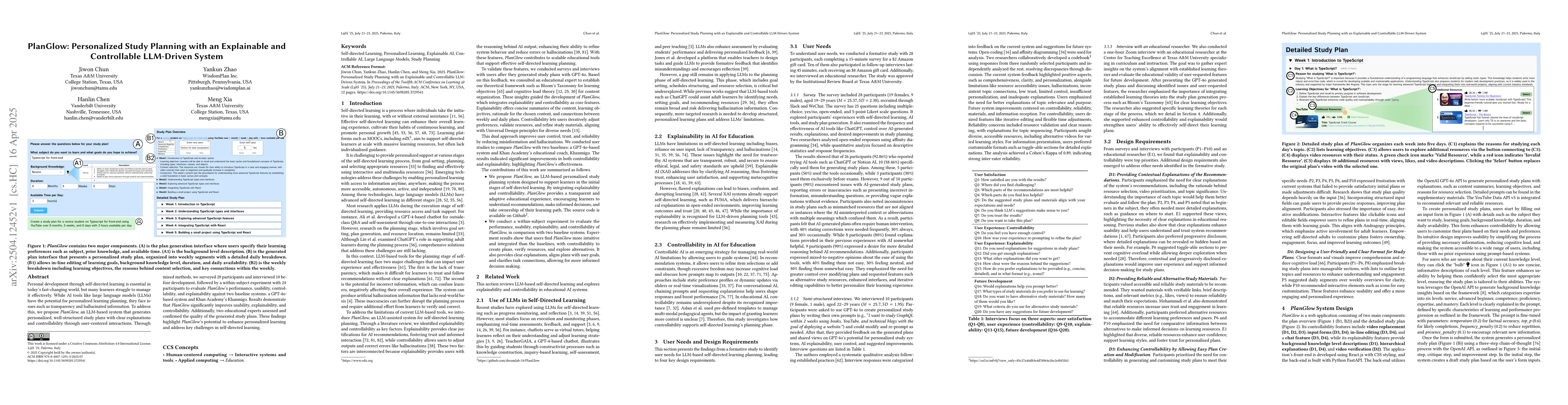 Thumbnail for PlanGlow: Personalized Study Planning with an Explainable and
  Controllable LLM-Driven System