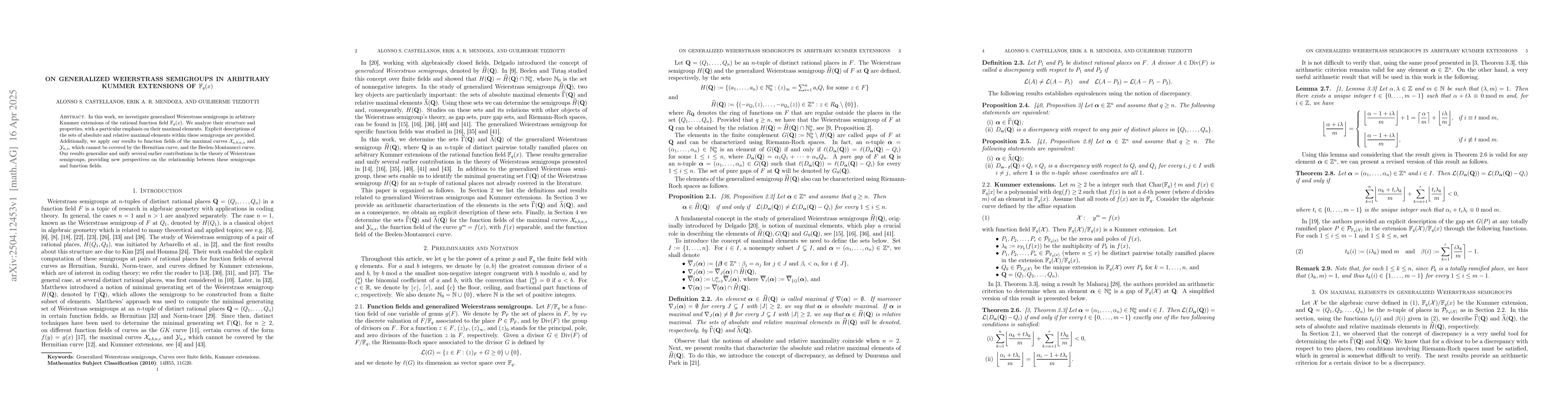 Thumbnail for On generalized Weierstrass Semigroups in arbitrary Kummer extensions of
  $\mathbb{F}_q(x)$