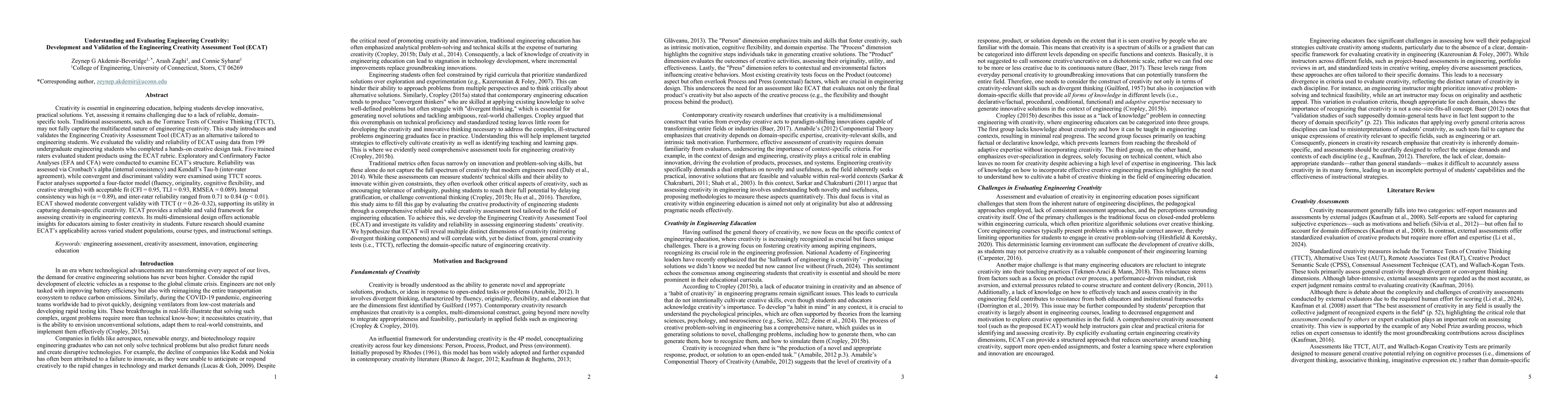 Thumbnail for Understanding and Evaluating Engineering Creativity:Development and
  Validation of the Engineering Creativity Assessment Tool (ECAT)