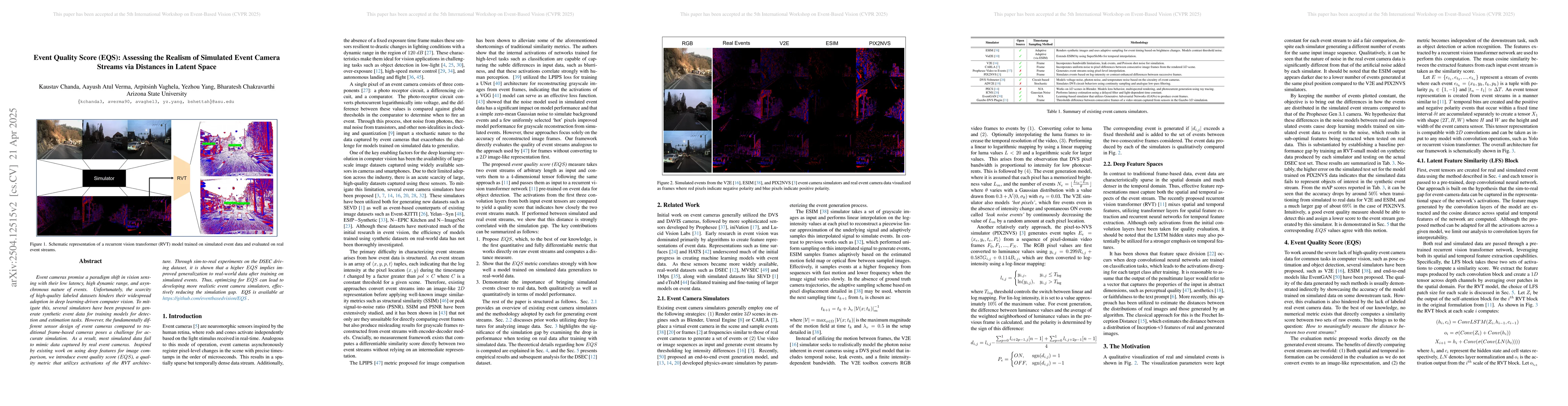 Thumbnail for Event Quality Score (EQS): Assessing the Realism of Simulated Event
  Camera Streams via Distances in Latent Space