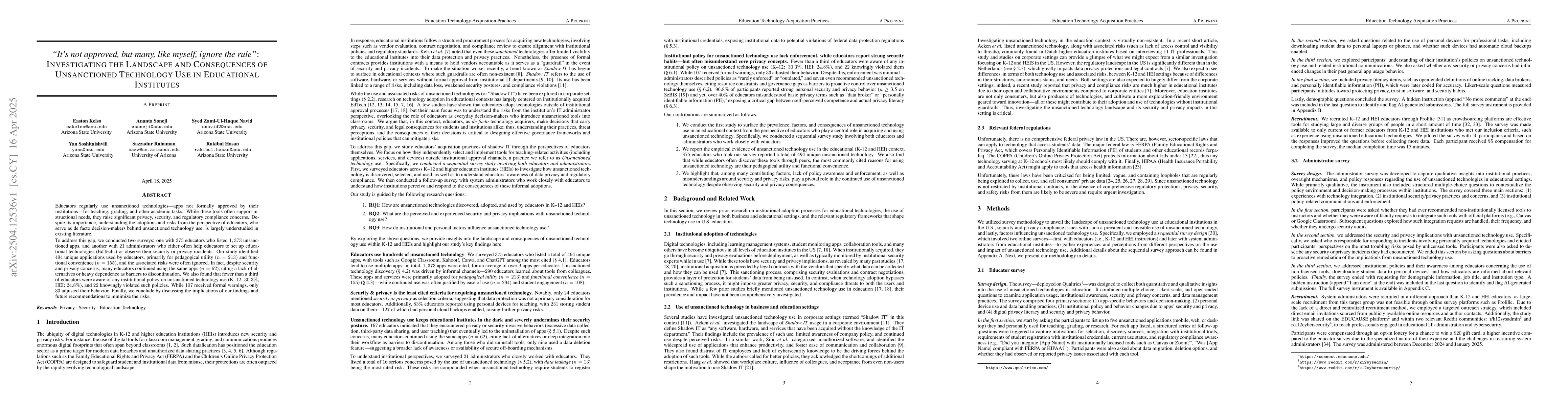 Thumbnail for "It's not approved, but many, like myself, ignore the rule":
  Investigating the Landscape and Consequences of Unsanctioned Technology Use
  in Educational Institutes