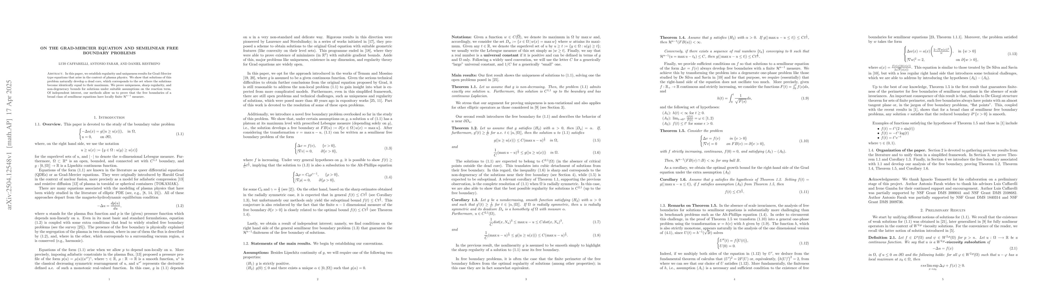 Thumbnail for On the Grad-Mercier equation and Semilinear Free Boundary Problems