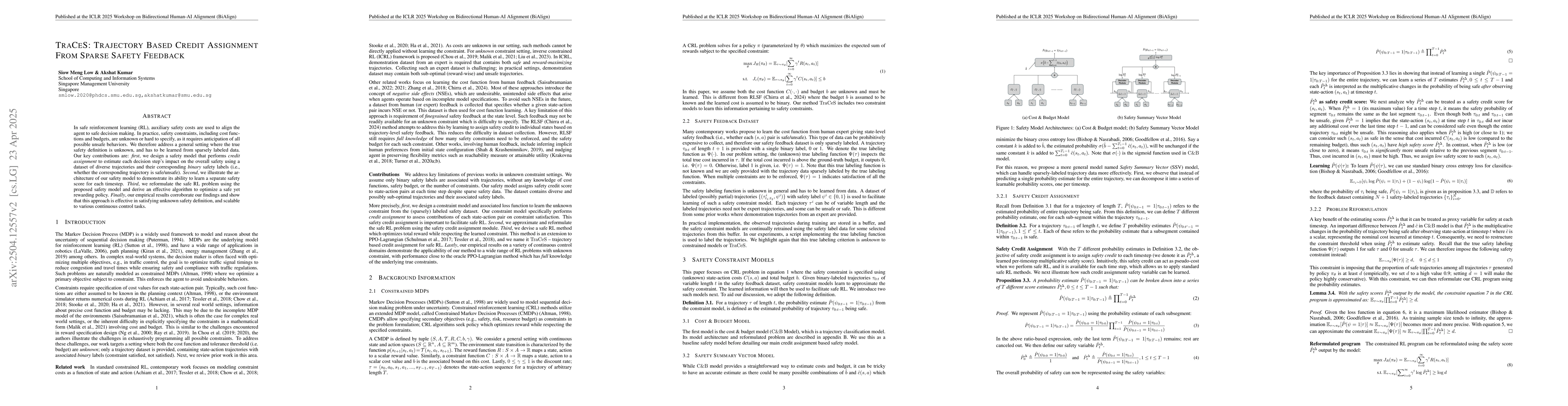 Thumbnail for TraCeS: Trajectory Based Credit Assignment From Sparse Safety Feedback