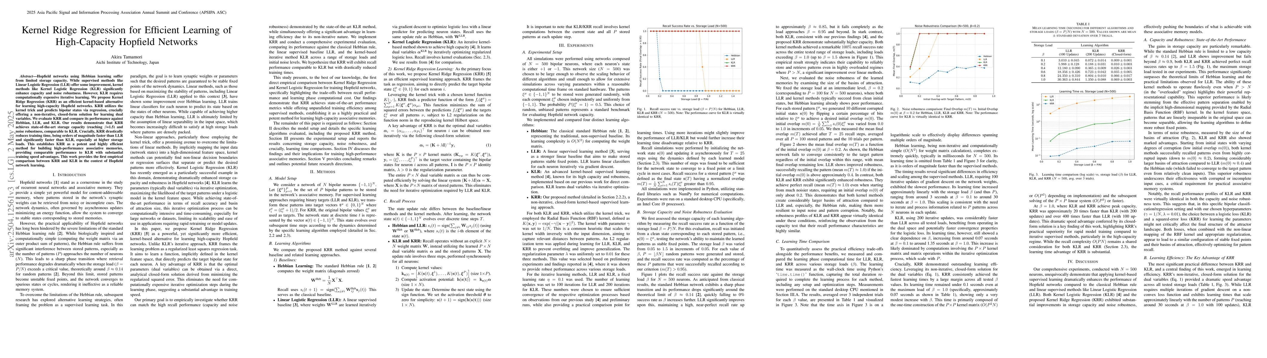 Thumbnail for Kernel Ridge Regression for Efficient Learning of High-Capacity Hopfield
  Networks
