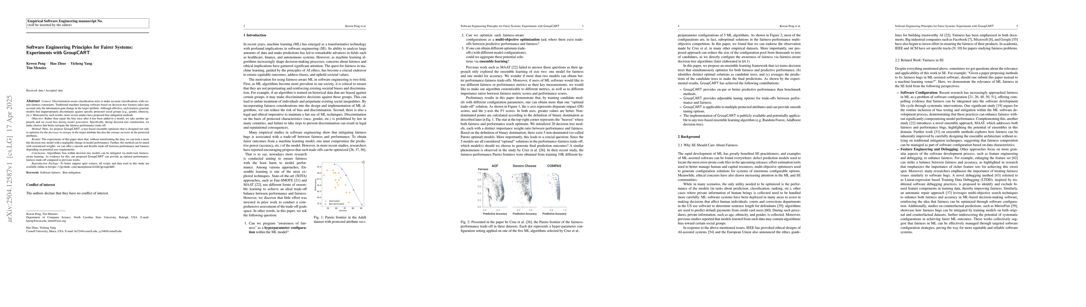 Thumbnail for Software Engineering Principles for Fairer Systems: Experiments with
  GroupCART