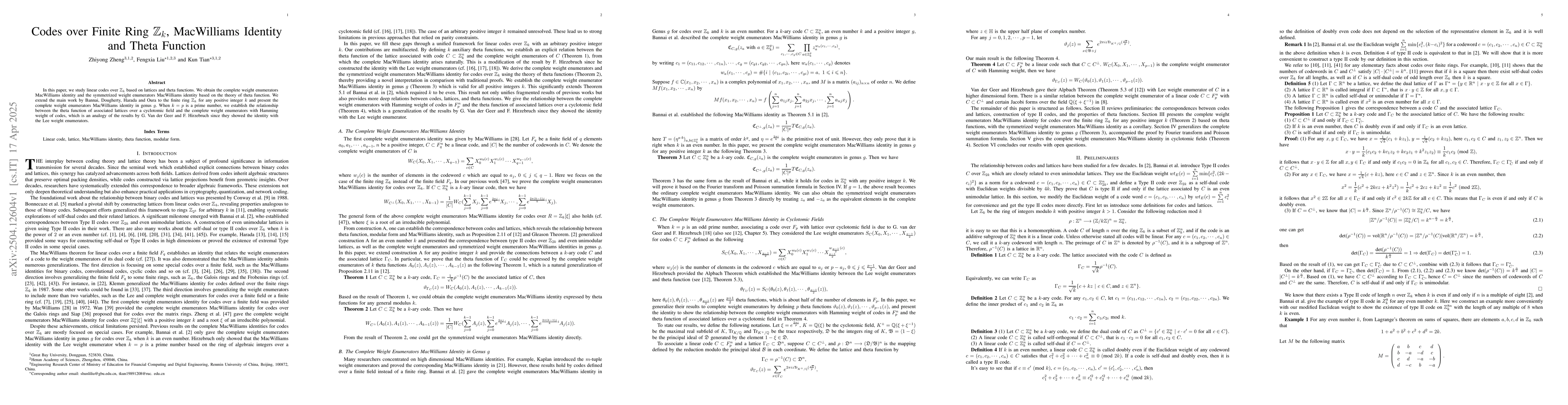 Thumbnail for Codes over Finite Ring $\mathbb{Z}_k$, MacWilliams Identity and Theta
  Function