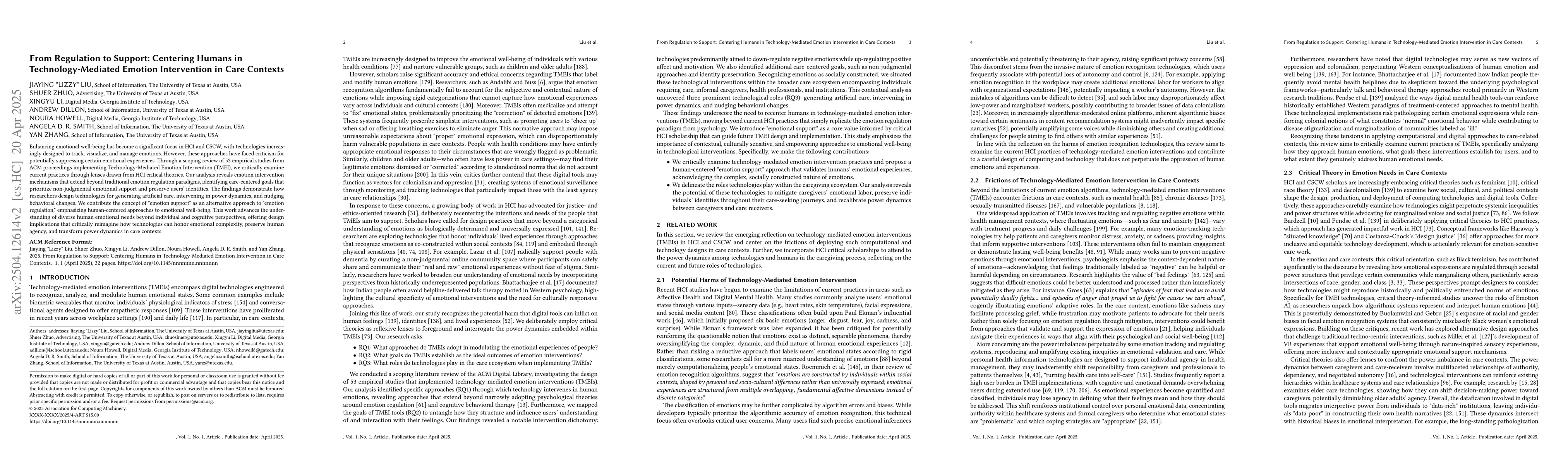 Thumbnail for From Regulation to Support: Centering Humans in Technology-Mediated
  Emotion Intervention in Care Contexts