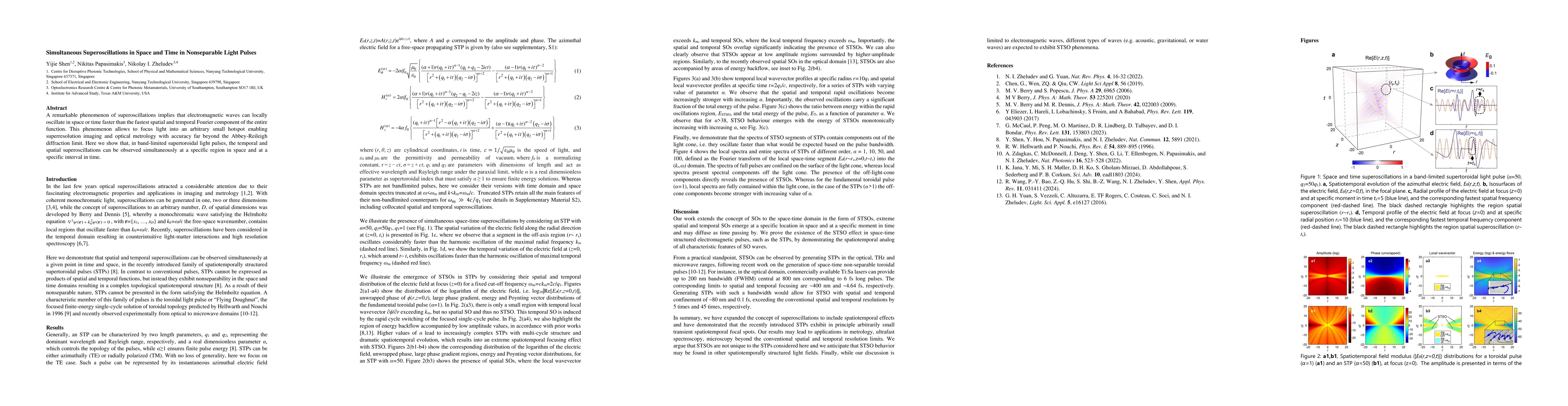 Thumbnail for Simultaneous Superoscillations in Space and Time in Nonseparable Light
  Pulses