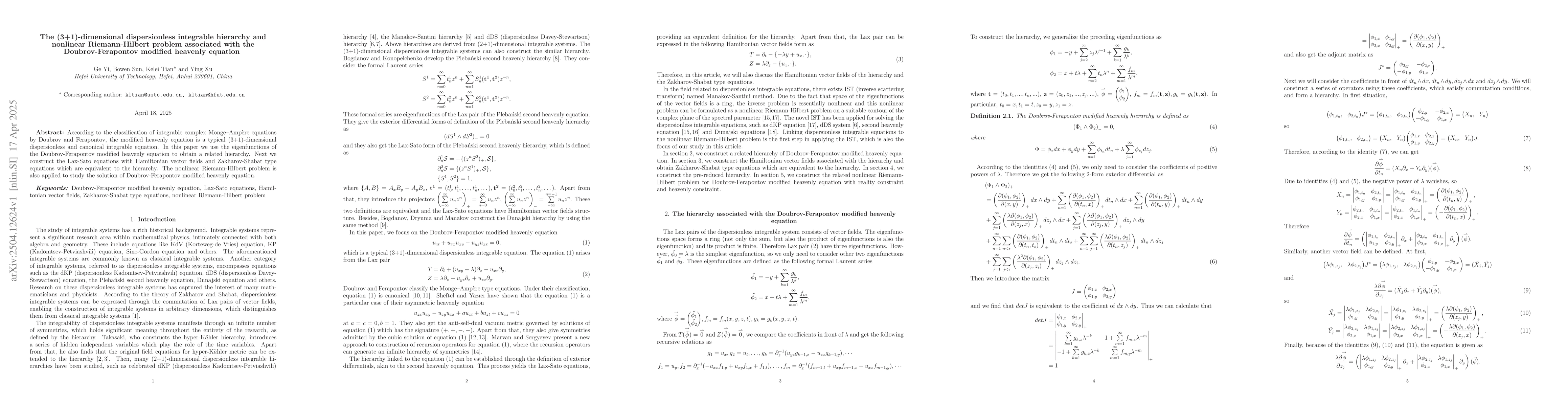Thumbnail for The (3+1)-dimensional dispersionless integrable hierarchy and nonlinear
  Riemann-Hilbert problem associated with the Doubrov-Ferapontov modified
  heavenly equation