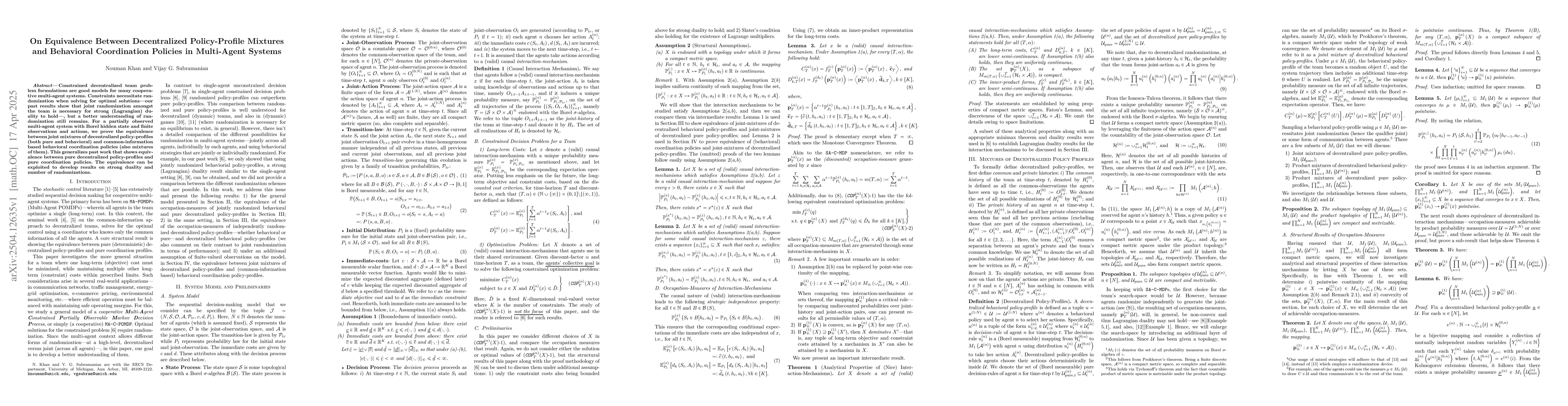 Thumbnail for On Equivalence Between Decentralized Policy-Profile Mixtures and
  Behavioral Coordination Policies in Multi-Agent Systems