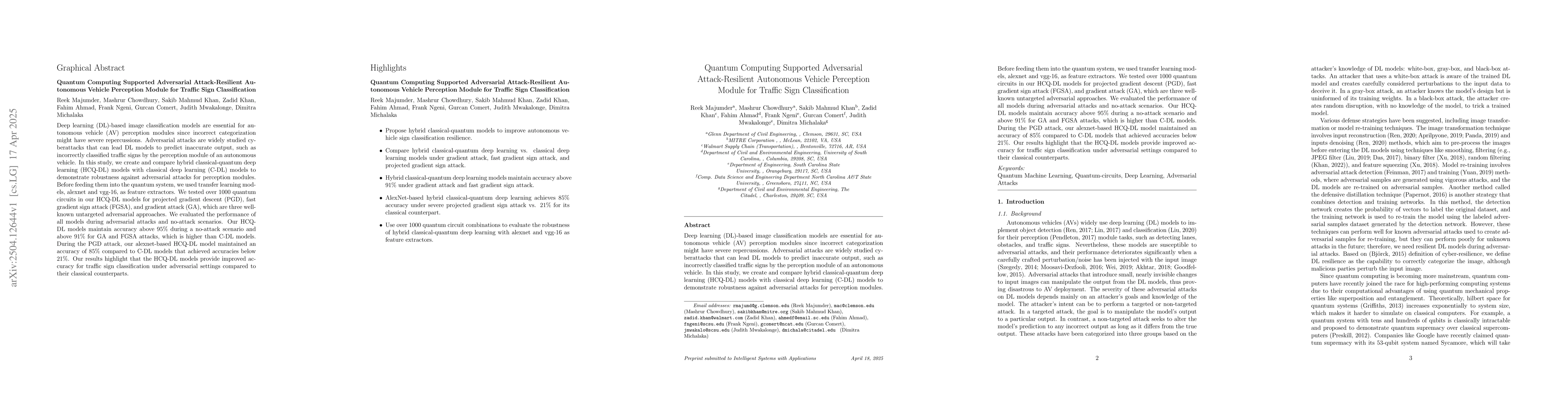 Thumbnail for Quantum Computing Supported Adversarial Attack-Resilient Autonomous
  Vehicle Perception Module for Traffic Sign Classification