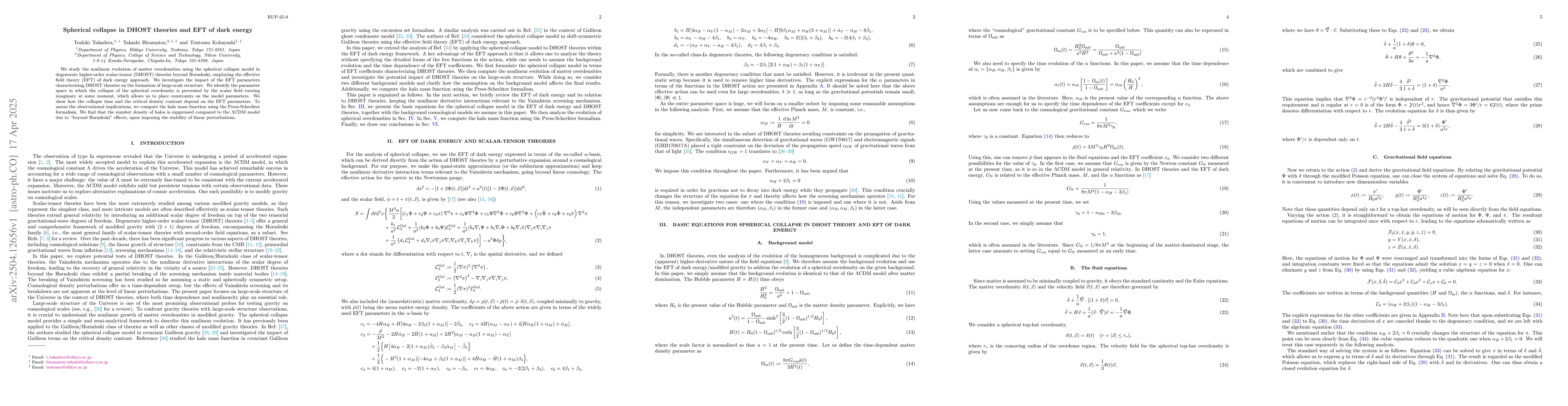 Thumbnail for Spherical collapse in DHOST theories and EFT of dark energy