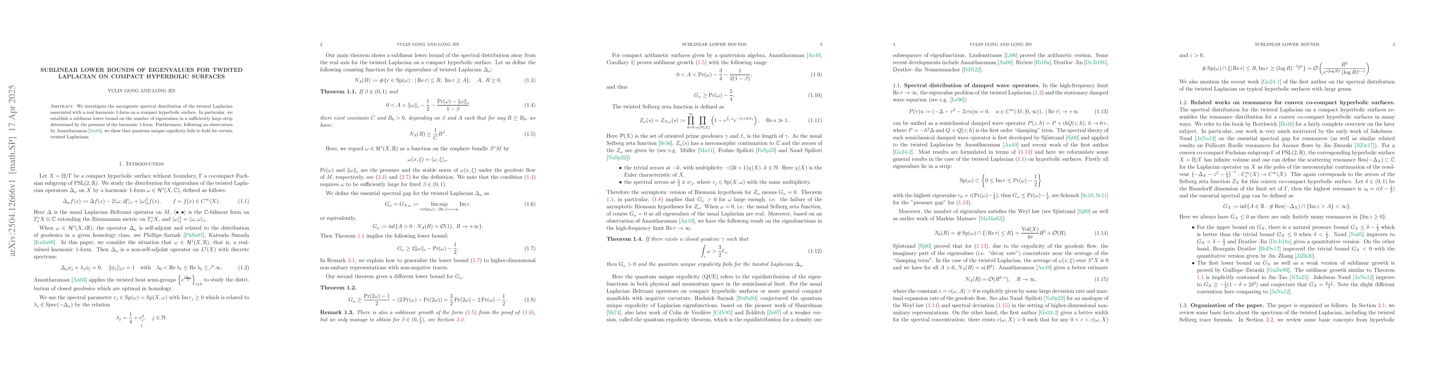 Thumbnail for Sublinear lower bounds of eigenvalues for twisted Laplacian on compact
  hyperbolic surfaces