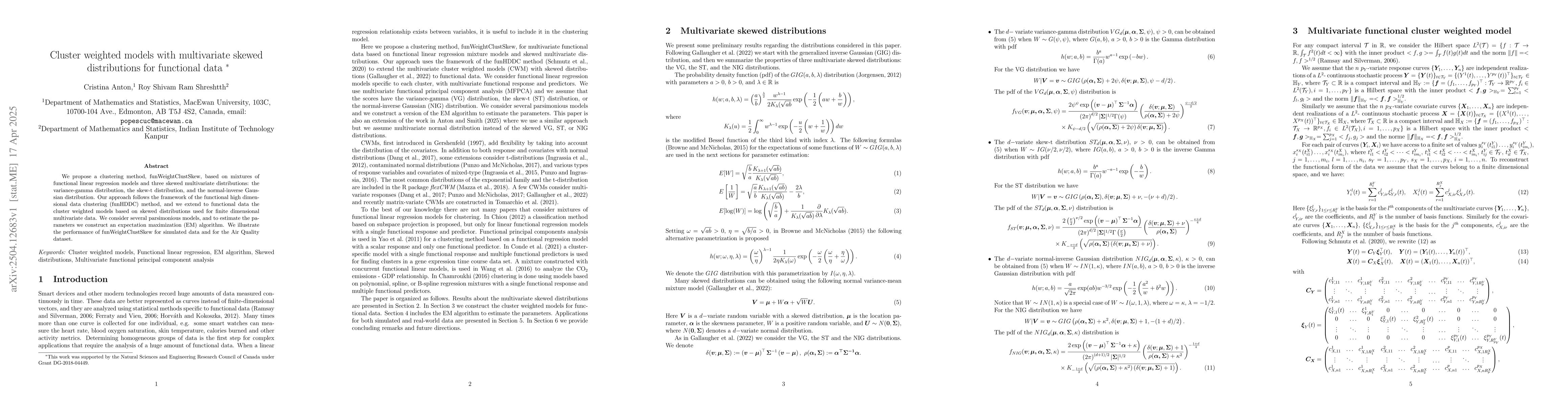 Thumbnail for Cluster weighted models with multivariate skewed distributions for
  functional data