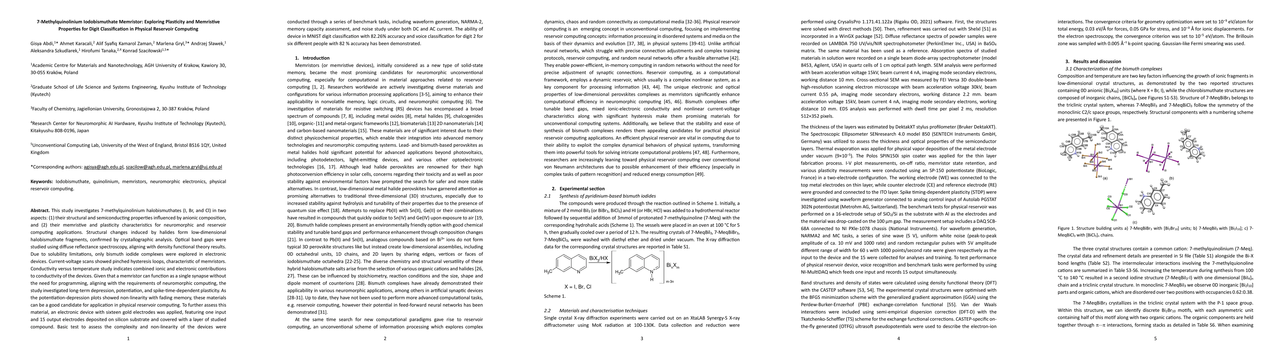 Thumbnail for 7-Methylquinolinium Iodobismuthate Memristor: Exploring Plasticity and
  Memristive Properties for Digit Classification in Physical Reservoir
  Computing
