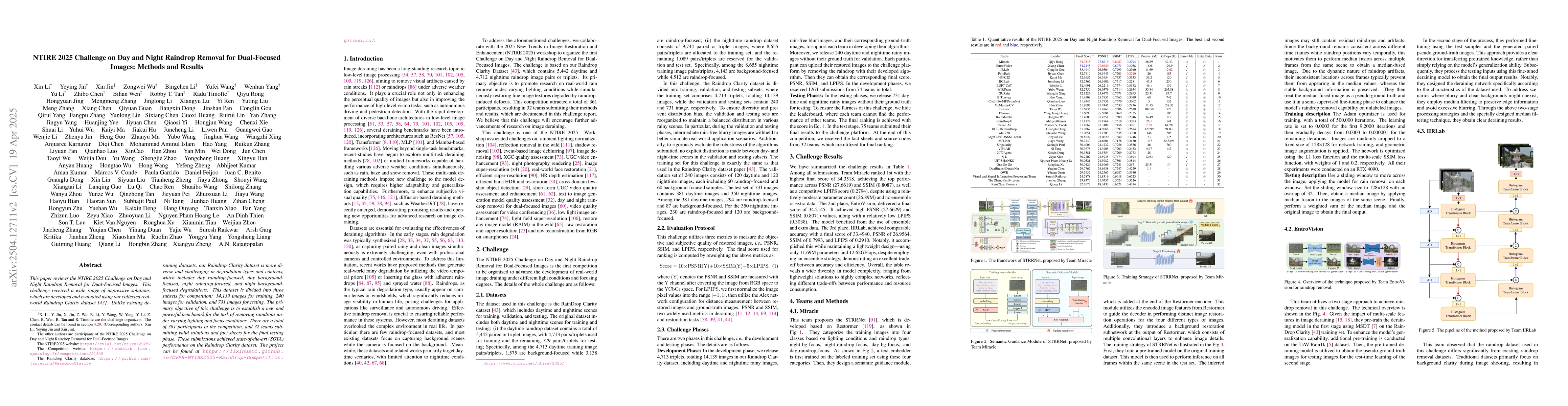 Thumbnail for NTIRE 2025 Challenge on Day and Night Raindrop Removal for Dual-Focused
  Images: Methods and Results