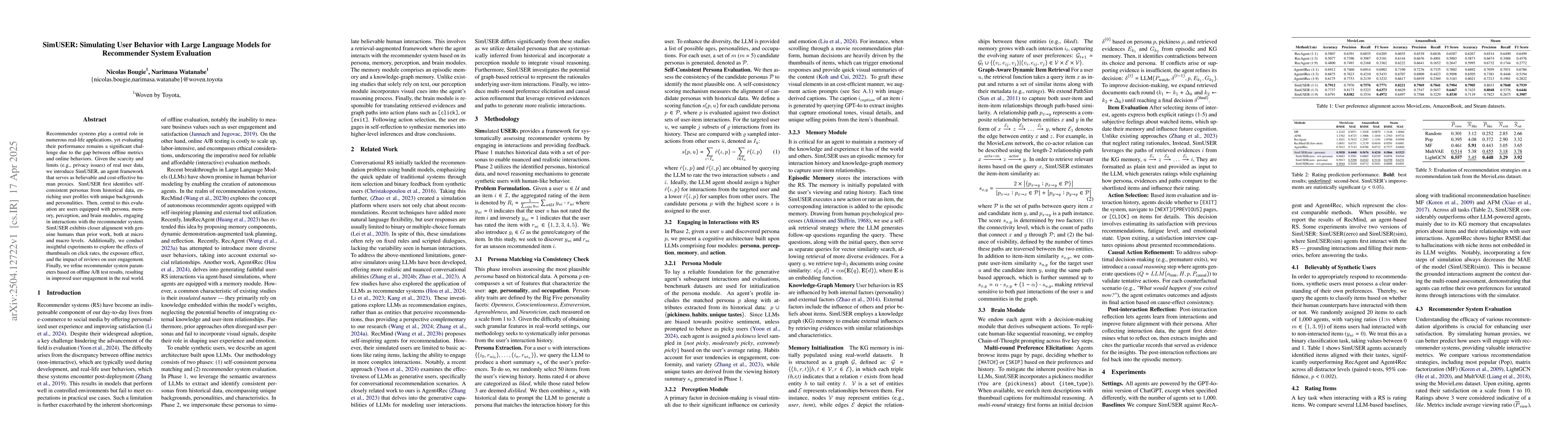 Thumbnail for SimUSER: Simulating User Behavior with Large Language Models for
  Recommender System Evaluation