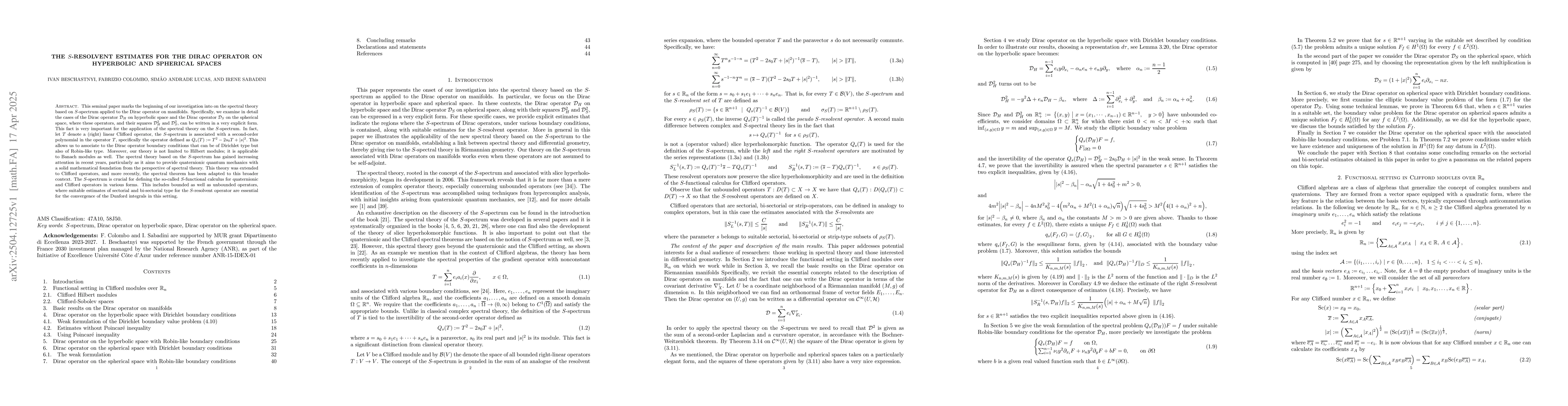 Thumbnail for The $S$-resolvent estimates for the Dirac operator on hyperbolic and
  spherical spaces