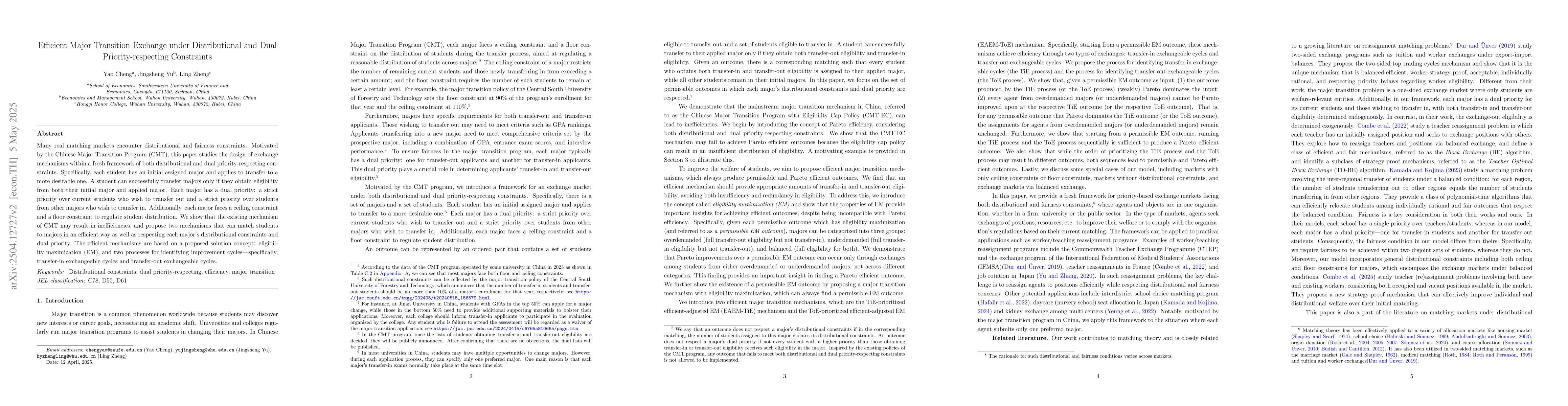 Thumbnail for Efficient Major Transition Exchange under Distributional and Dual
  Priority-respecting Constraints