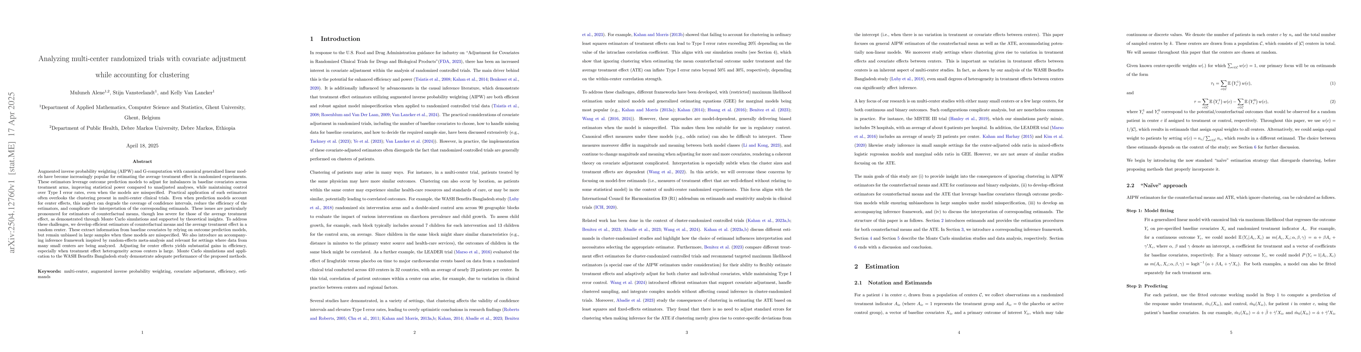 Thumbnail for Analyzing multi-center randomized trials with covariate adjustment while
  accounting for clustering