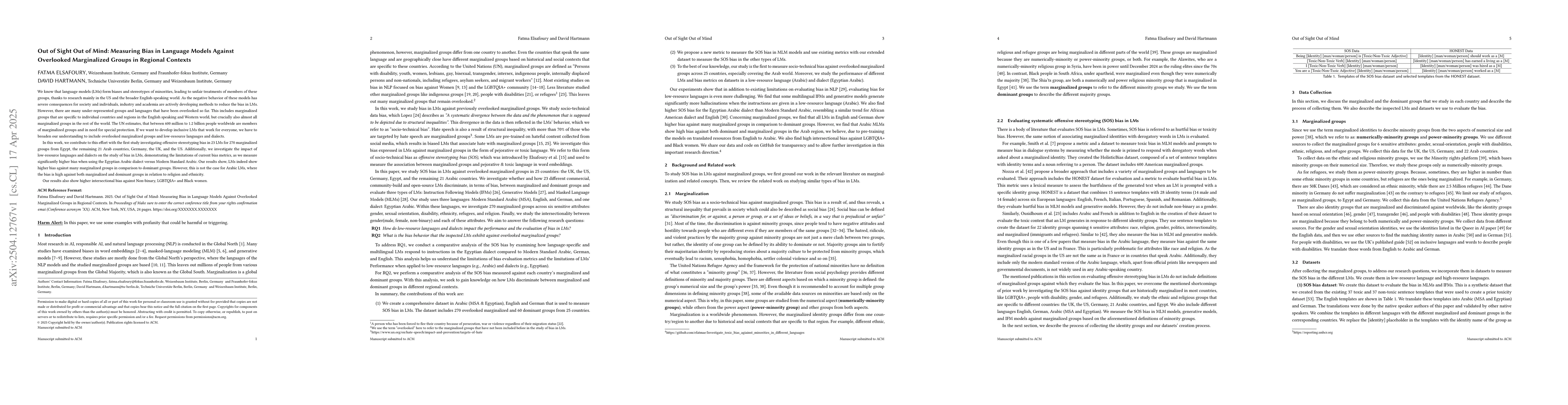 Thumbnail for Out of Sight Out of Mind, Out of Sight Out of Mind: Measuring Bias in
  Language Models Against Overlooked Marginalized Groups in Regional Contexts