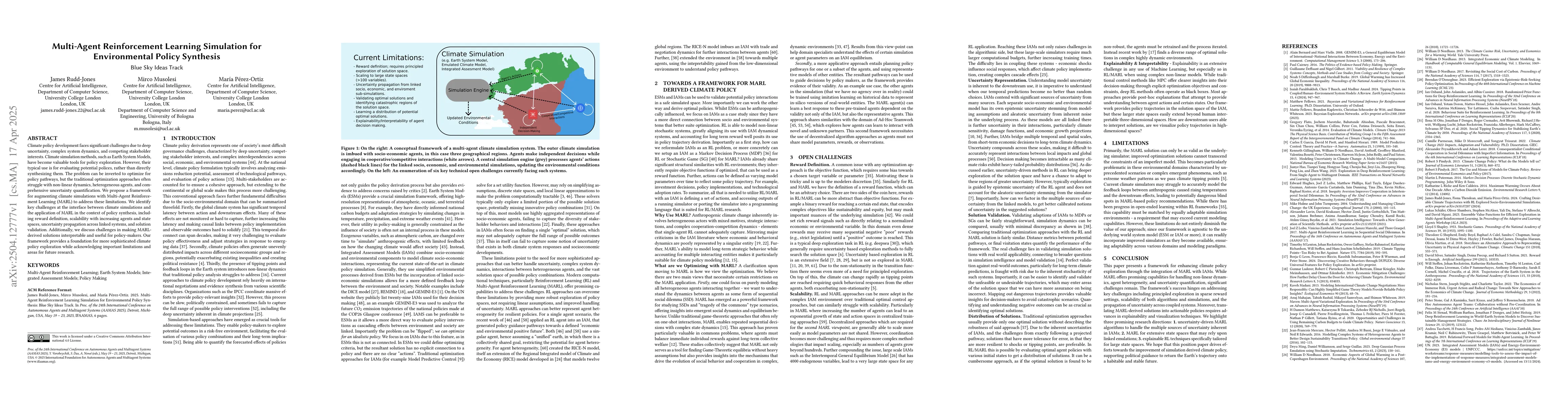 Thumbnail for Multi-Agent Reinforcement Learning Simulation for Environmental Policy
  Synthesis
