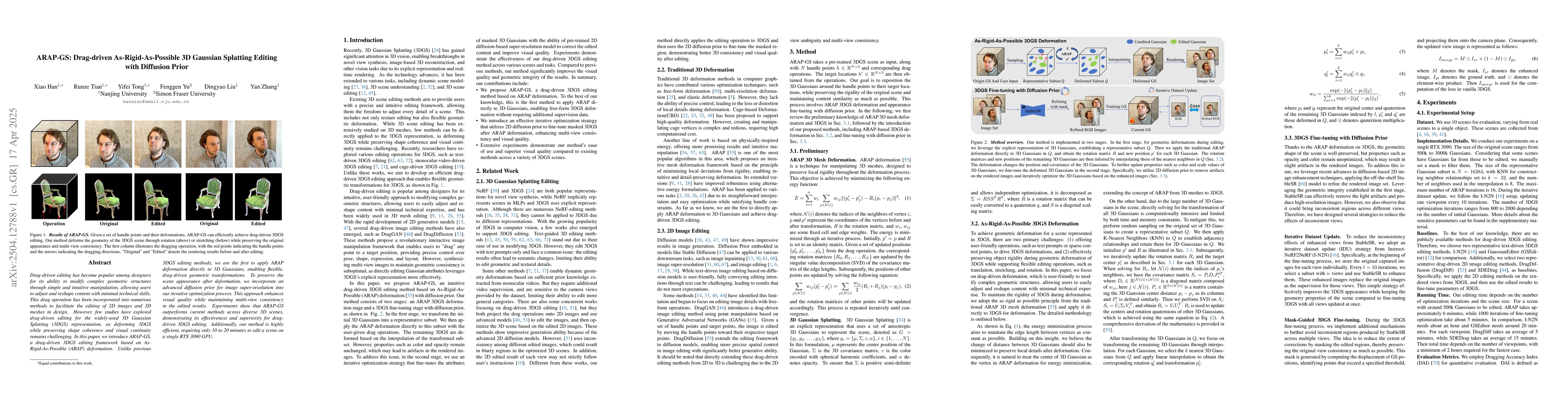 Thumbnail for ARAP-GS: Drag-driven As-Rigid-As-Possible 3D Gaussian Splatting Editing
  with Diffusion Prior