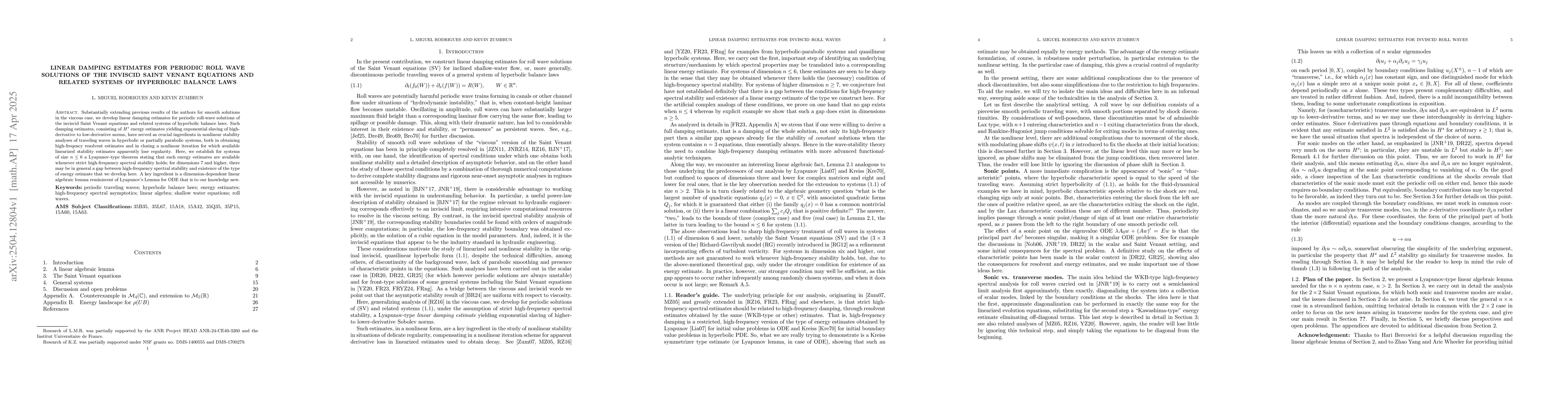 Thumbnail for Linear damping estimates for periodic roll wave solutions of the
  inviscid Saint Venant equations and related systems of hyperbolic balance
  laws