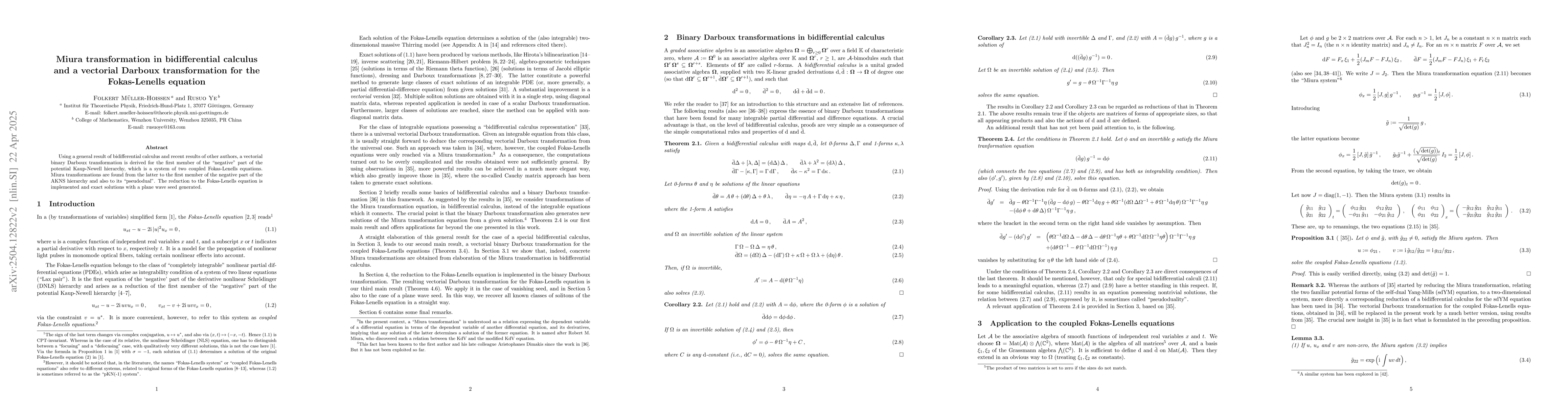 Thumbnail for Miura transformation in bidifferential calculus and a vectorial Darboux
  transformation for the Fokas-Lenells equation