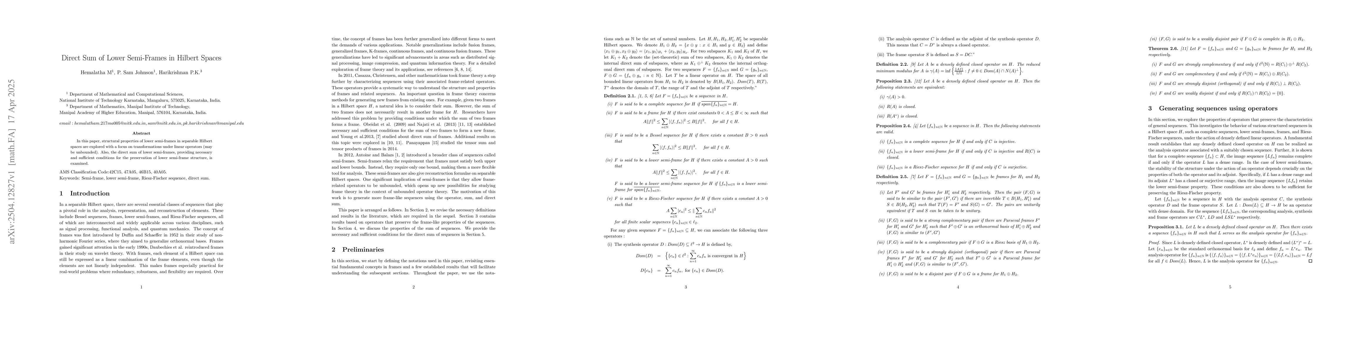 Thumbnail for Direct Sum of Lower Semi-Frames in Hilbert Spaces