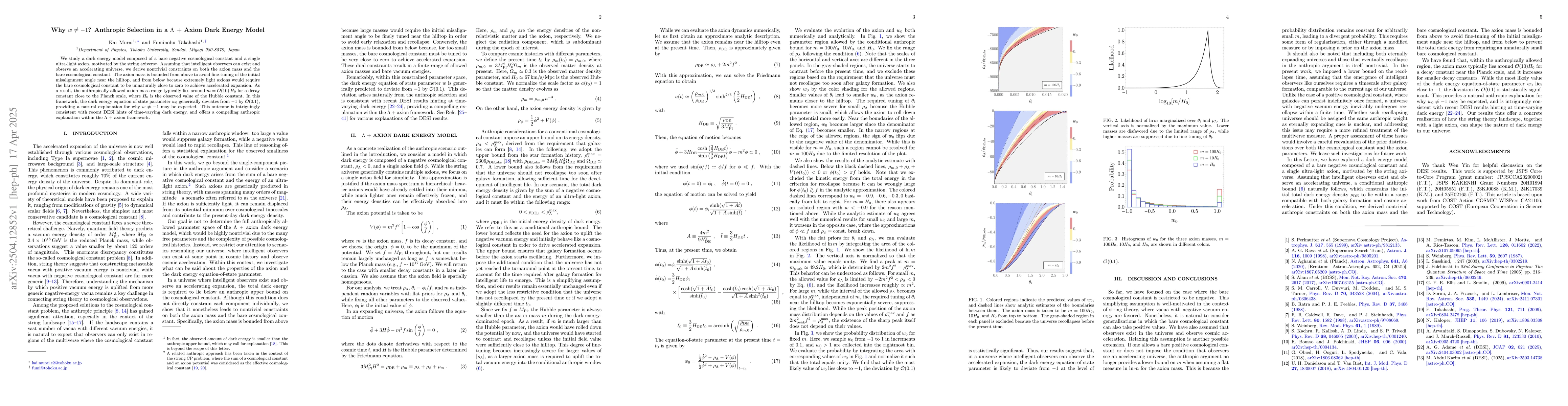 Thumbnail for Why $w \ne -1$? Anthropic Selection in a $Λ$ + Axion Dark Energy
  Model