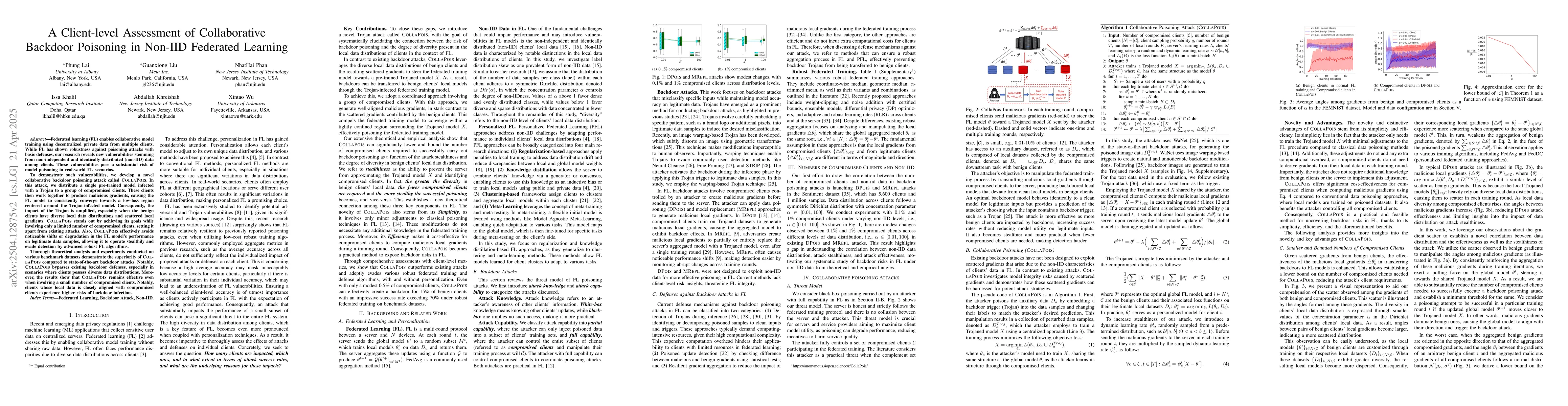 Thumbnail for A Client-level Assessment of Collaborative Backdoor Poisoning in Non-IID
  Federated Learning
