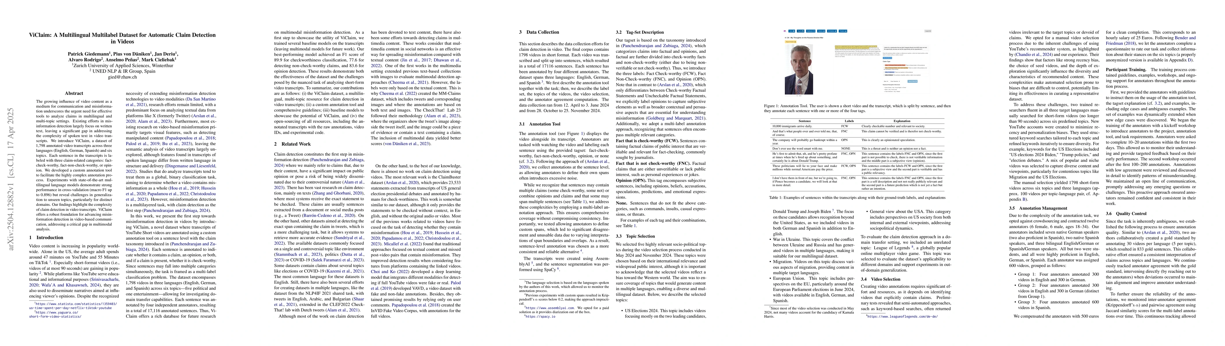 Thumbnail for ViClaim: A Multilingual Multilabel Dataset for Automatic Claim Detection
  in Videos
