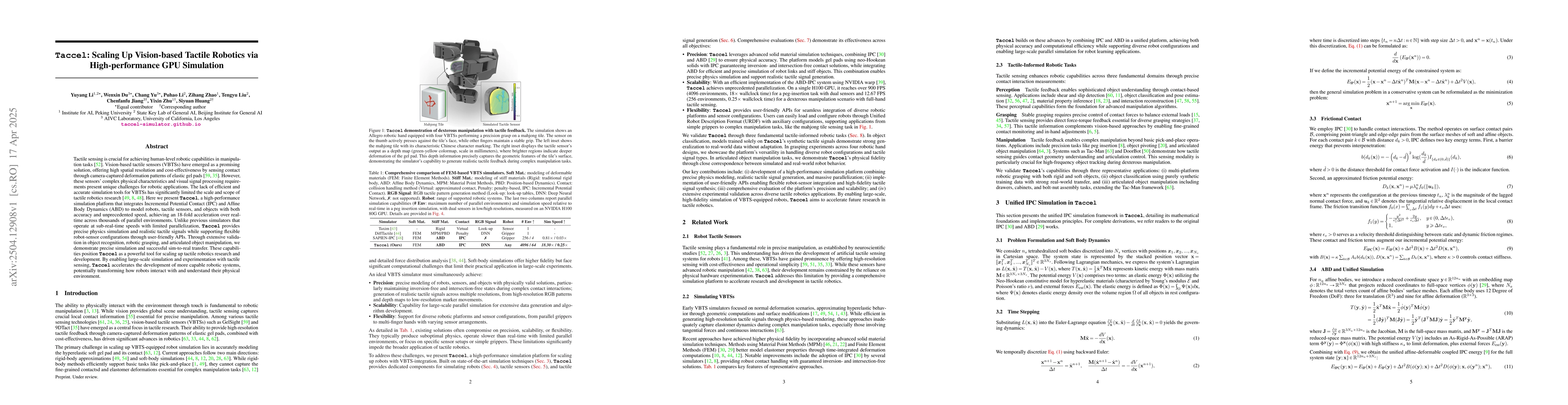 Thumbnail for Taccel: Scaling Up Vision-based Tactile Robotics via High-performance
  GPU Simulation