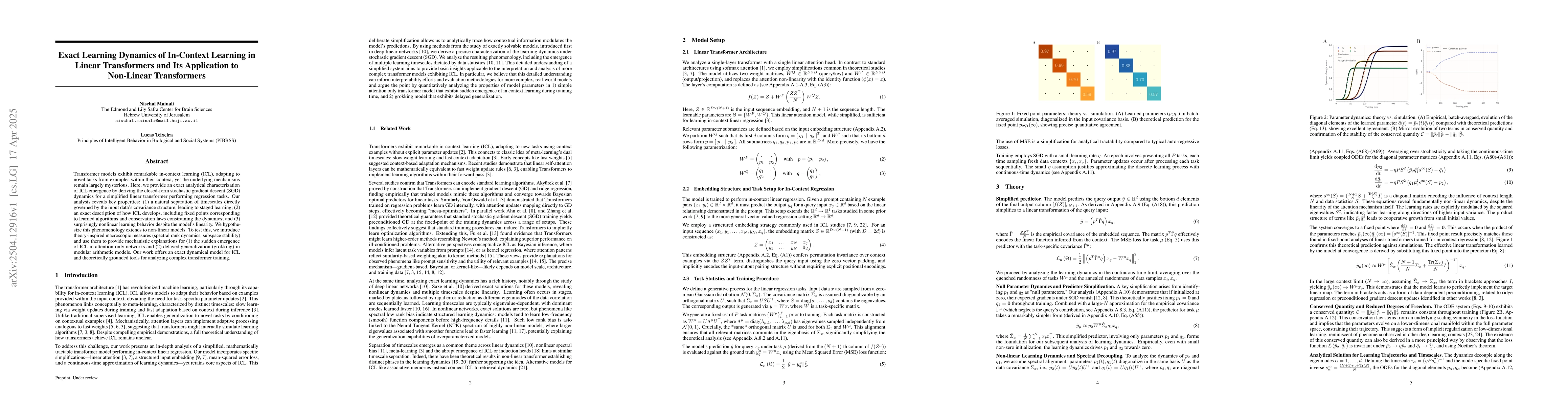 Thumbnail for Exact Learning Dynamics of In-Context Learning in Linear Transformers
  and Its Application to Non-Linear Transformers