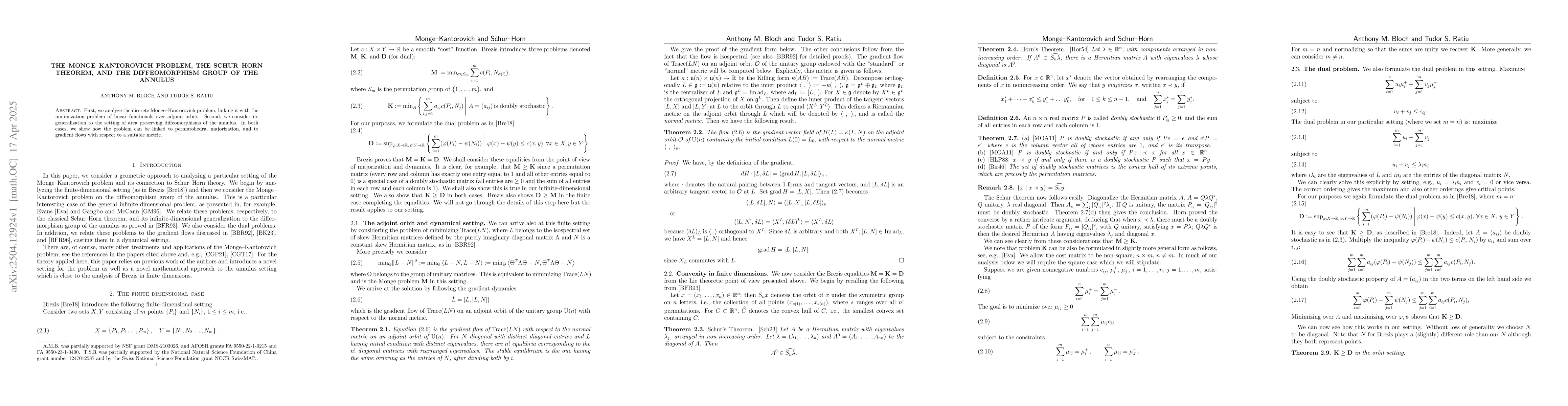 Thumbnail for The Monge--Kantorovich problem, the Schur--Horn theorem, and the
  diffeomorphism group of the annulus