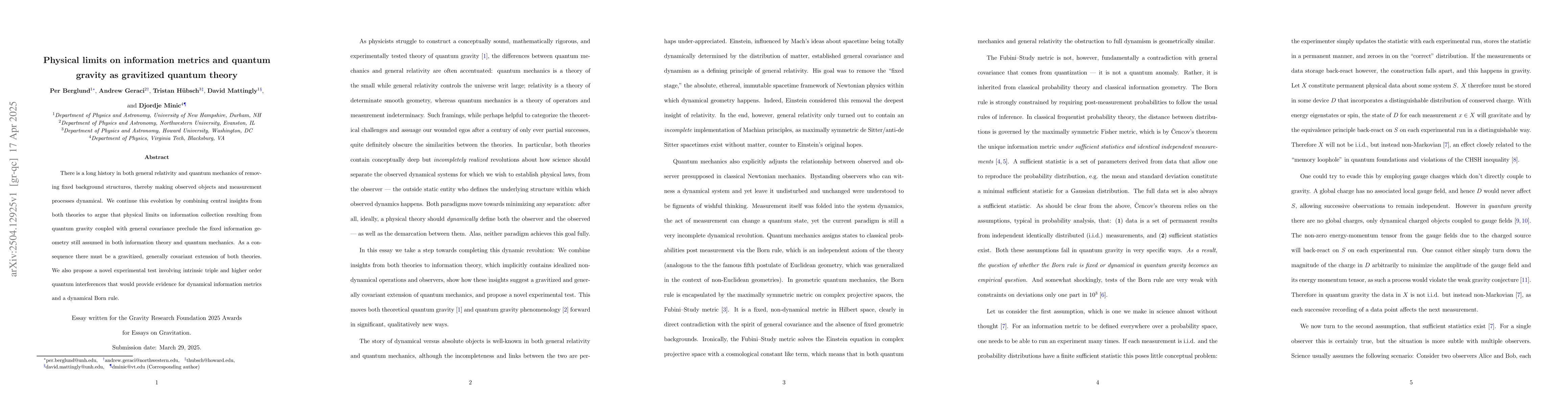 Thumbnail for Physical limits on information metrics and quantum gravity as gravitized
  quantum theory