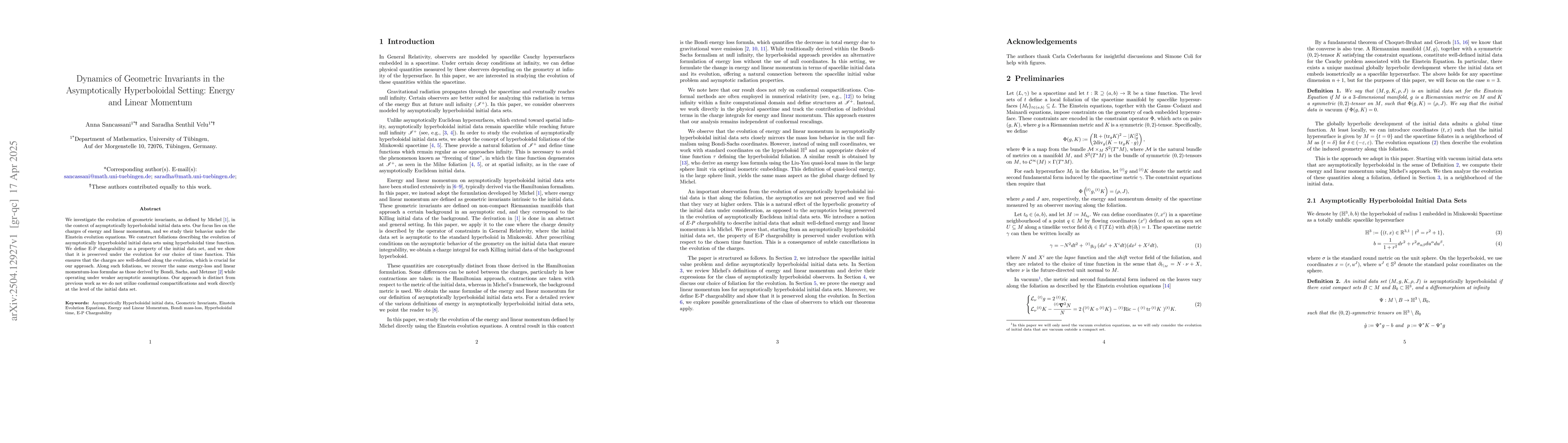 Thumbnail for Dynamics of Geometric Invariants in the Asymptotically Hyperboloidal
  Setting: Energy and Linear Momentum