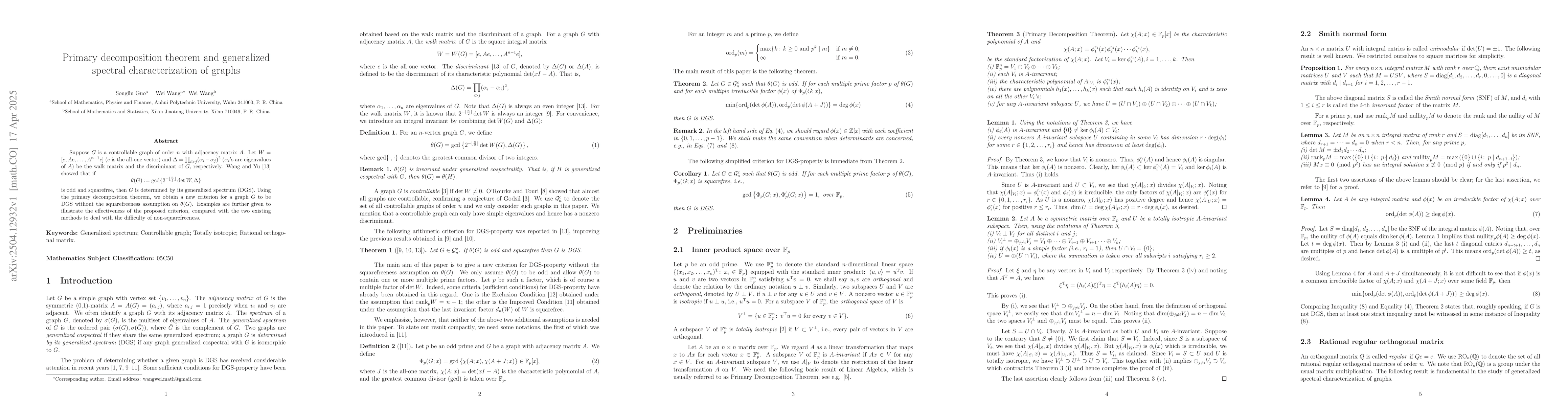 Thumbnail for Primary decomposition theorem and generalized spectral characterization
  of graphs
