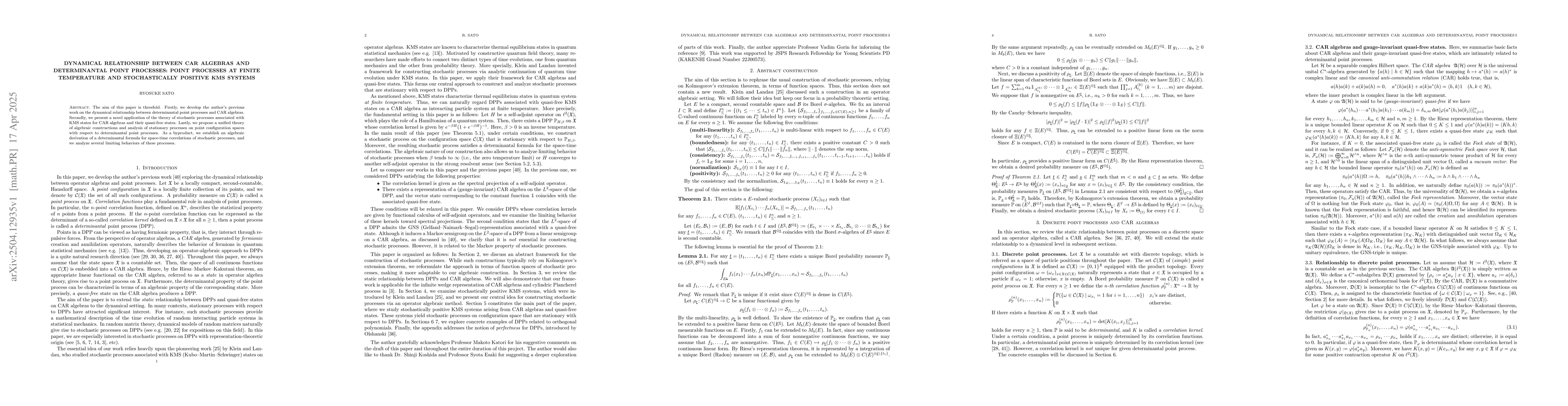 Thumbnail for Dynamical relationship between CAR algebras and determinantal point
  processes: point processes at finite temperature and stochastically positive
  KMS systems