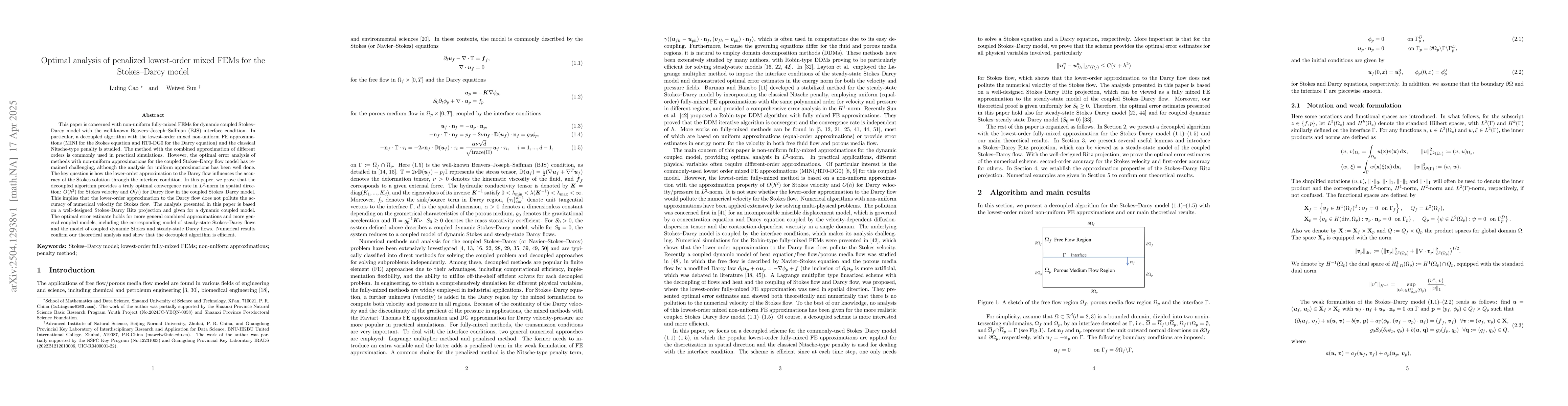 Thumbnail for Optimal analysis of penalized lowest-order mixed FEMs for the
  Stokes-Darcy model
