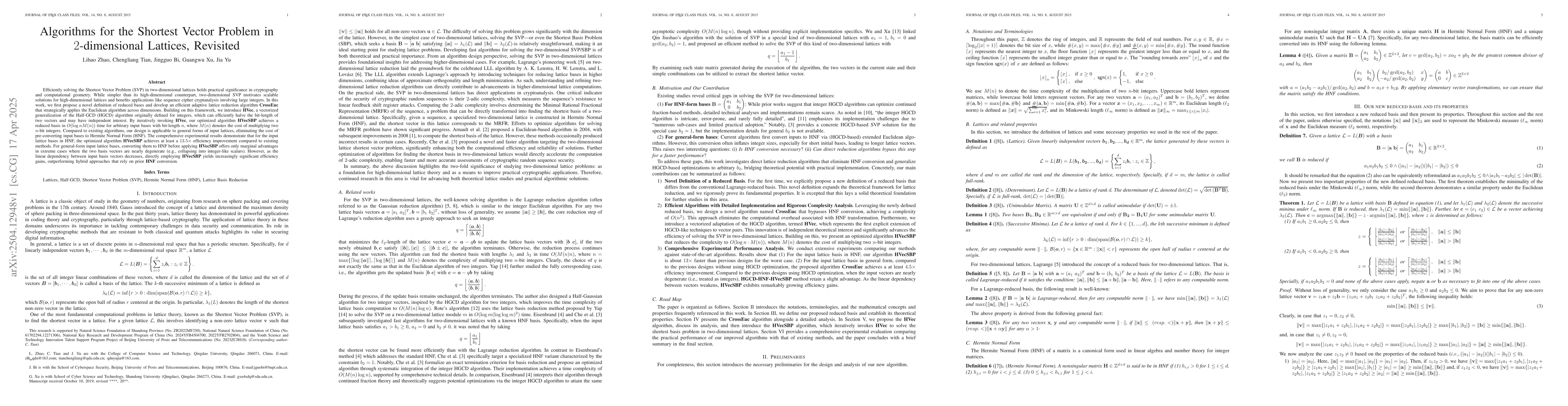 Thumbnail for Algorithms for the Shortest Vector Problem in $2$-dimensional Lattices,
  Revisited