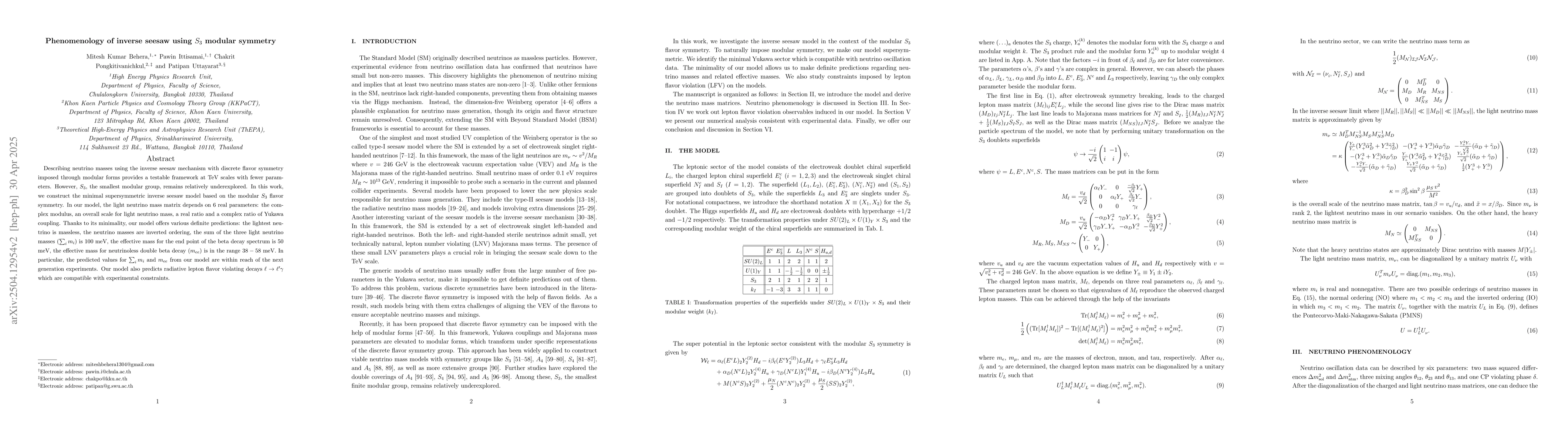 Thumbnail for Phenomenology of Inverse Seesaw Using $S_3$ Modular Symmetry