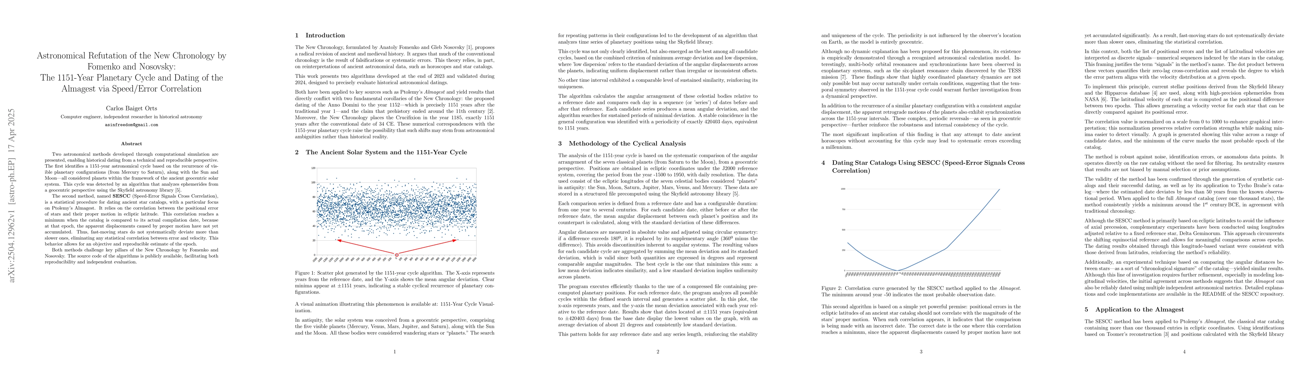 Thumbnail for Astronomical Refutation of the New Chronology by Fomenko and Nosovsky:
  The 1151-Year Planetary Cycle and Dating of the Almagest via Speed/Error
  Correlation