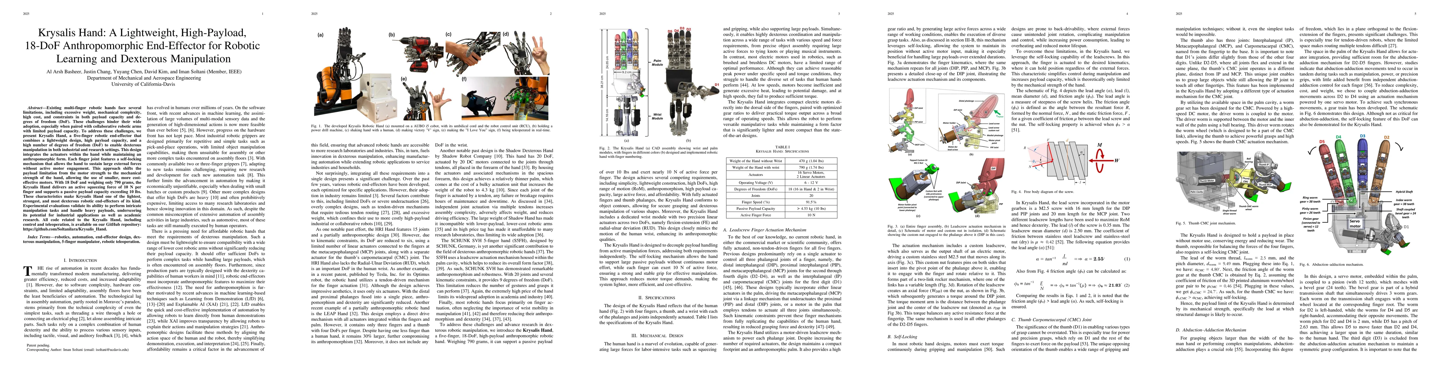 Thumbnail for Krysalis Hand: A Lightweight, High-Payload, 18-DoF Anthropomorphic
  End-Effector for Robotic Learning and Dexterous Manipulation